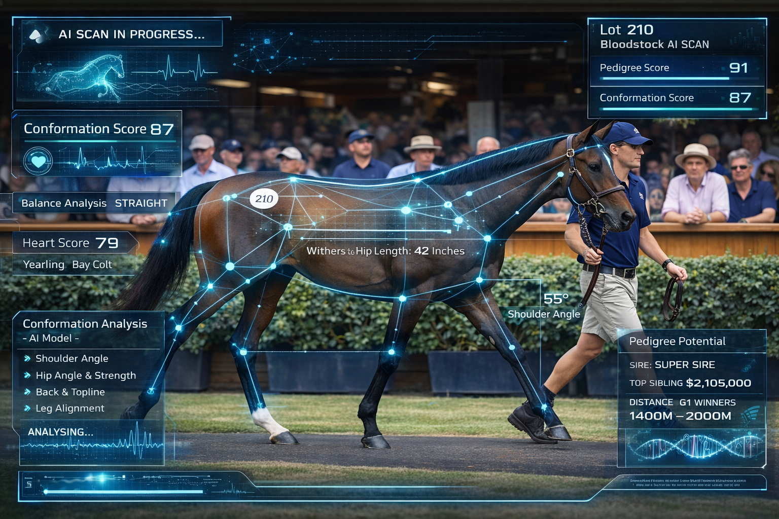 Concept visualisation of Bloodstock AI analysing a yearling as it walks at the sales, with pedigree and conformation scores displayed